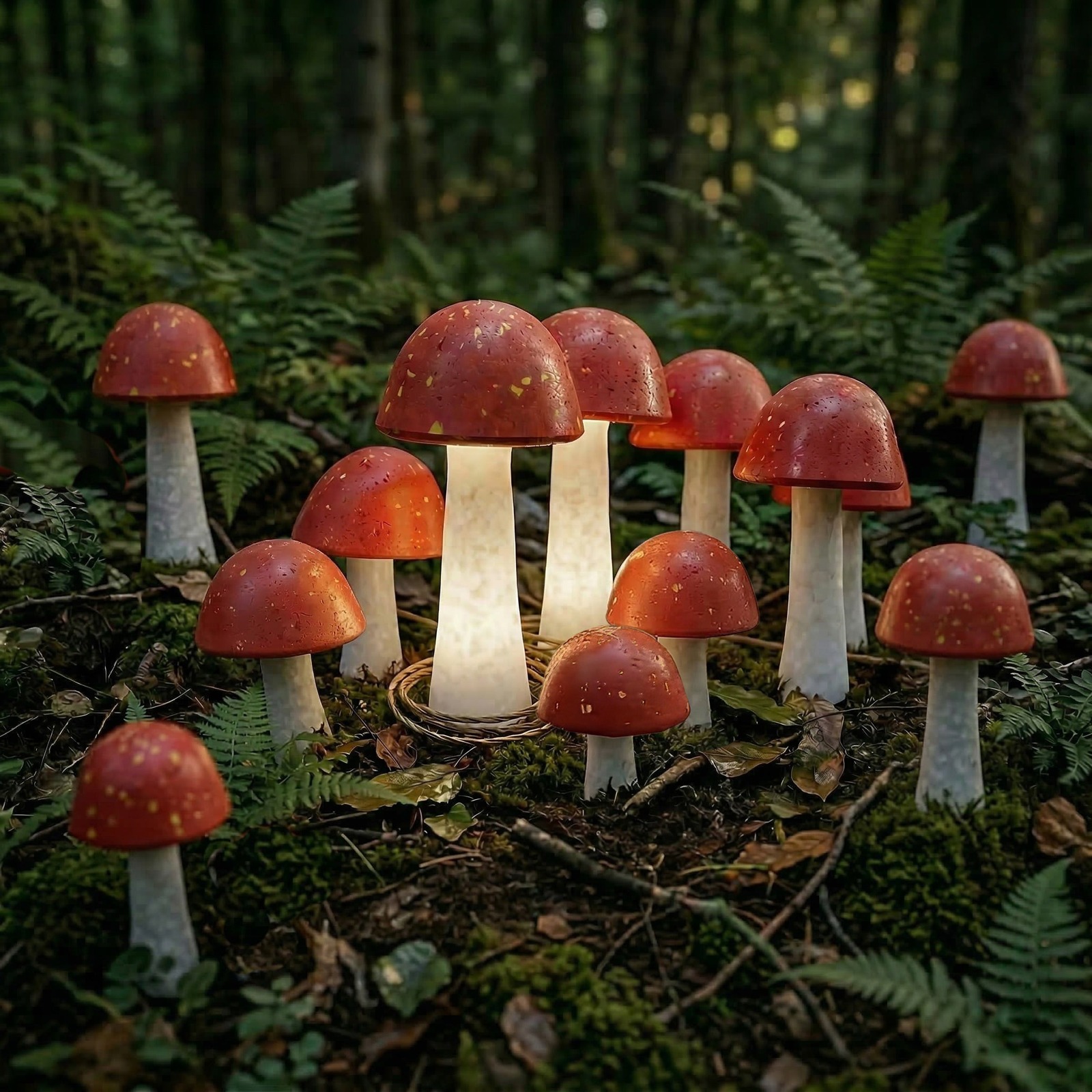 Mushroom lamps from the Untrained Imagination collection in a forest